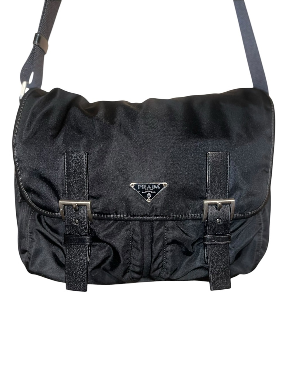 Prada Black Nylon Messenger Bag with Leather Trim